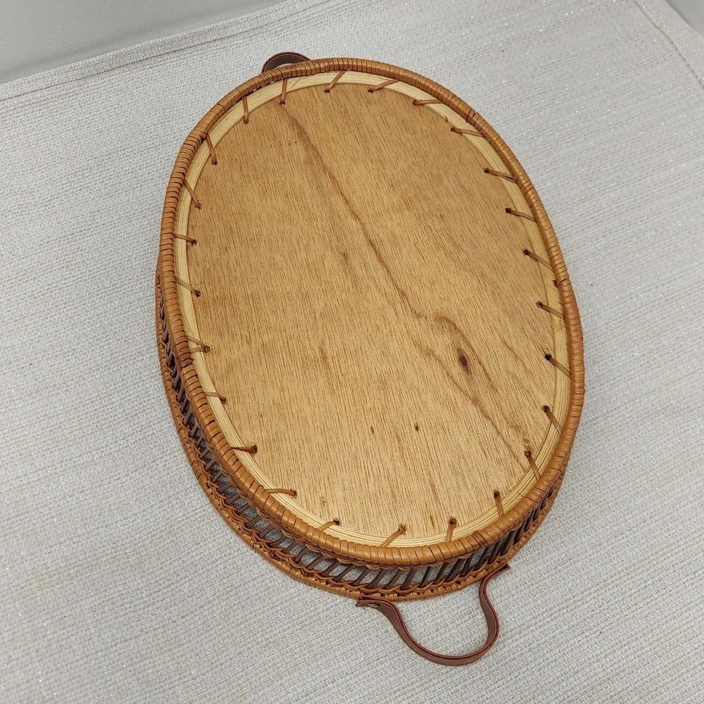 Vintage Oval Wicker Serving Tray Floral Quilted Liner Wood Base 16
